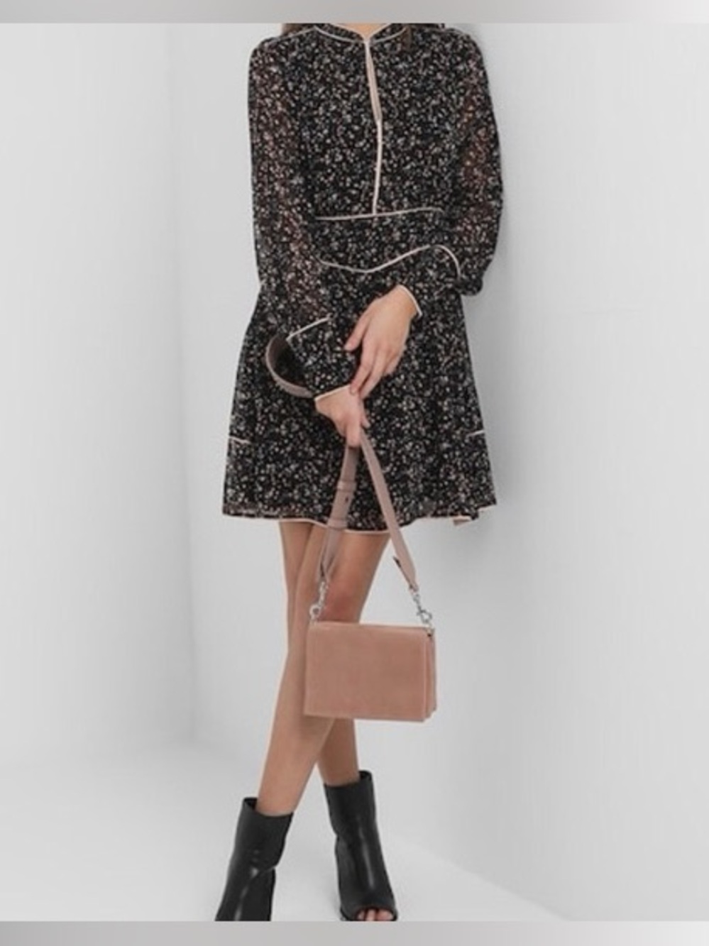 AllSaints Kay Pepper Dress US 10 Black Floral Long Sleeve Mini Sheer Ruffle Hem - Picture 2 of 8